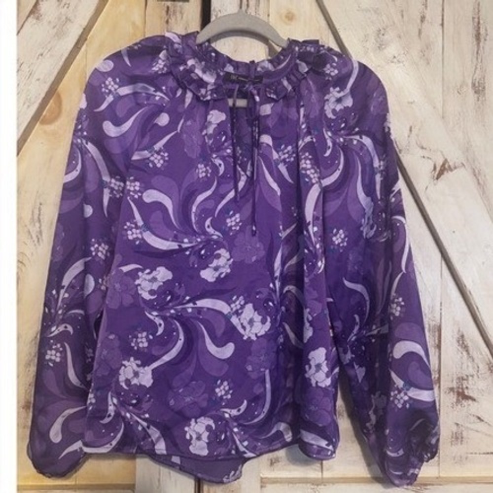INC Women Purple Floral Satin Blouse Ruffle Tie Neck Size Large